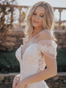 Detail view of A1163 dress showing off-the-shoulder lace straps