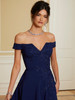 Close-up of navy Morilee 72826 V-notch neckline with beaded lace bodice