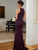 Back view of eggplant Morilee 72828 fitted mother dress with tied halter neckline