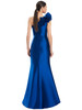 Cobalt one-shoulder gown with button-down back and flared hemline