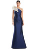 Chic navy gown with ivory ruffled shoulder and flattering waist wrap detail