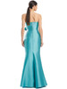 Back view reveals satin buttons and sleek hourglass seams