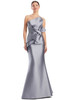 Silver gown stuns with sculpted satin and architectural ruffle