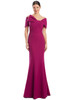 Berry stretch crepe gown with structured bow neckline and slim flared skirt