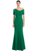 Emerald green formal gown with a folded bow bodice and modern fit