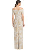 Back view of champagne gown with off-shoulder sleeves and sleek column silhouette