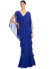 Cobalt blue gown with layered chiffon tiers and shimmering leaf applique
