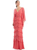 Vibrant coral gown with flutter sleeves and angled tiered layers