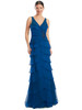 Tiered chiffon layers cascade from a V-neckline with side beaded accent