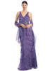 Purple tiered gown with V-neckline and tonal beaded floral waist detail
