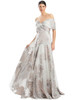 Blush and silver floral jacquard gown with pleated neckline and sweeping fullness