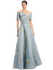 Soft blue brocade with gilded floral accents and elegant off-shoulder bow