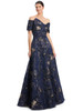 Navy floral gown with metallic gold threads and dramatic folded neckline