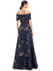 Back view reveals button detail and full brocade skirt with golden shimmer
