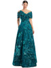 Teal A-line gown with sculpted off-shoulder bow and textured floral brocade
