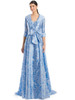 Sky blue floral gown with lapel collar, belted waist, and sweep train