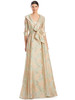 Champagne gown with floral pattern and wide-collar bow accent