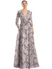 Soft mauve floral gown with 3/4 sleeves, wide lapel, and pleated skirt