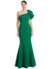 Striking emerald green silhouette with radiant fan pleating and clean line