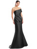 Sleek black satin with angular neckline and wrapped pleated detailing