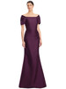 Structured plum gown with modern sleeves and body-skimming fit