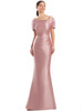 Lustrous rose gown with sculpted square neckline and pleated puff sleeves