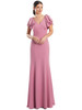 V-neck gown in dusty rose with ruffled sleeves and subtle sparkle trim