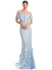 Sheer illusion gown with soft blue 3D floral appliqués and off-shoulder neckline