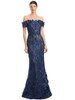 Navy lace gown with dimensional floral details and sheer corset illusion bodice