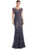 Illusion neckline gown with navy embroidery and allover sequin floral detail
