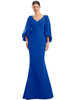 Striking royal blue with flared sleeves and sculpted pleats at the hip