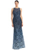 Timeless navy lace blends softly into sky blue with sheer floral detail