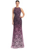 Rich plum lace with crystal accents fades to lavender in a sleeveless fit