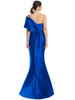 Back view highlights dramatic cascading bow and sculpted train