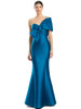 Elegant teal satin gown with oversized bow and structured draping