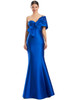 Brilliant cobalt satin gown with dramatic side bow and body-skimming fit