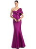 Striking one-shoulder gown in vibrant fuchsia with pleated bow bodice.