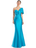 Bright turquoise fit-and-flare with asymmetrical shoulder and pleated bow