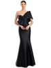 Classic black satin dress with one-shoulder bow and hourglass finish