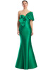 Jewel-toned emerald gown featuring bold shoulder bow and fit-and-flare shape