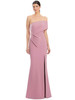 Elegant rose strapless gown with asymmetric pleated bodice and leg slit