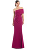 Fuchsia off-shoulder gown with wrapped bodice detail and front slit
