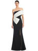 Modern black gown with sculptural white off-shoulder fold and front slit