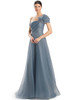 Graceful steel blue A-line gown with pleated one-shoulder bodice and delicate crystal appliqué