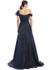 Softly flowing navy gown with buttoned back detail and an off-shoulder silhouette