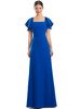 Royal blue gown with square neckline and soft flutter sleeves.