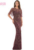 Front view Marsoni MV1208 eggplant gold beaded mother of groom dress