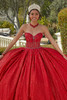 Scarlet butterfly quinceañera ball gown with beaded bodice and matching bolero, front