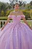 Lilac Pink quinceañera gown with sweetheart neckline and floral sleeves