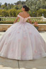 Back view of Blush Champagne quinceañera dress with corset bodice